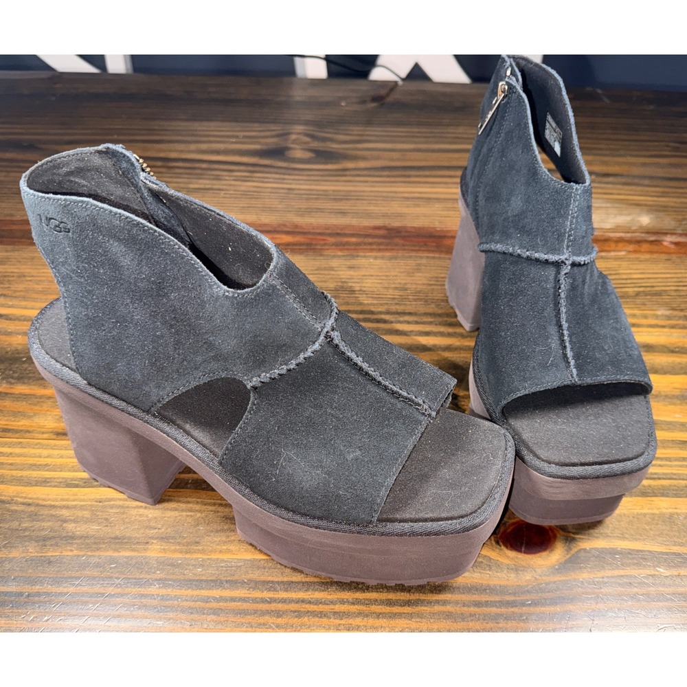 UGG Brooklyn Sunburst Black Suede Platform Sandals Womens 10